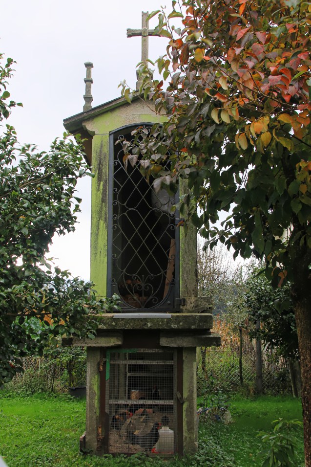 Chickens on the bottom. Grain on the top. 