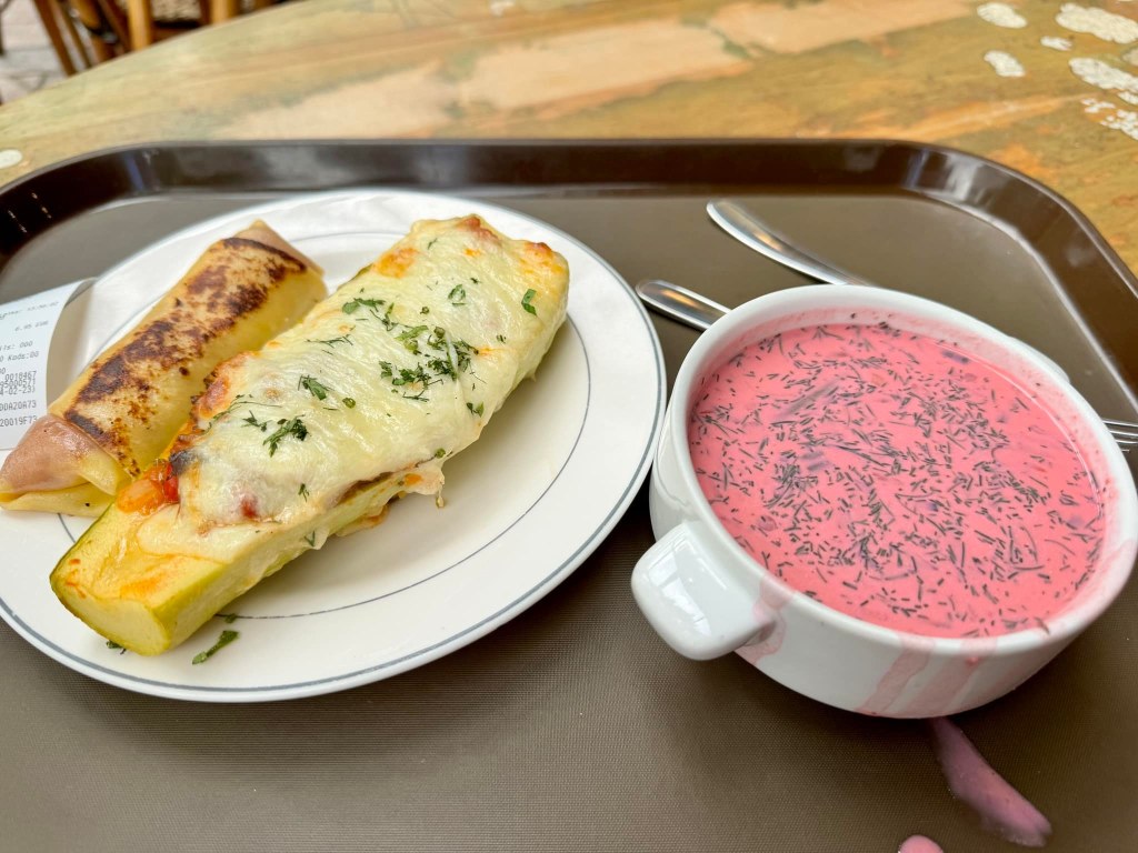 Pink soup and a stuffed squash. Delicious