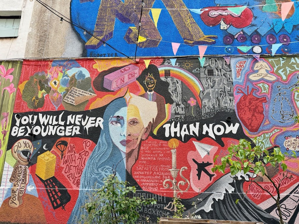 Colorful mural featuring the phrase 'YOU WILL NEVER BE YOUNGER THAN NOW,' with abstract images and vibrant patterns, highlighting themes of time, self-reflection, and creativity.